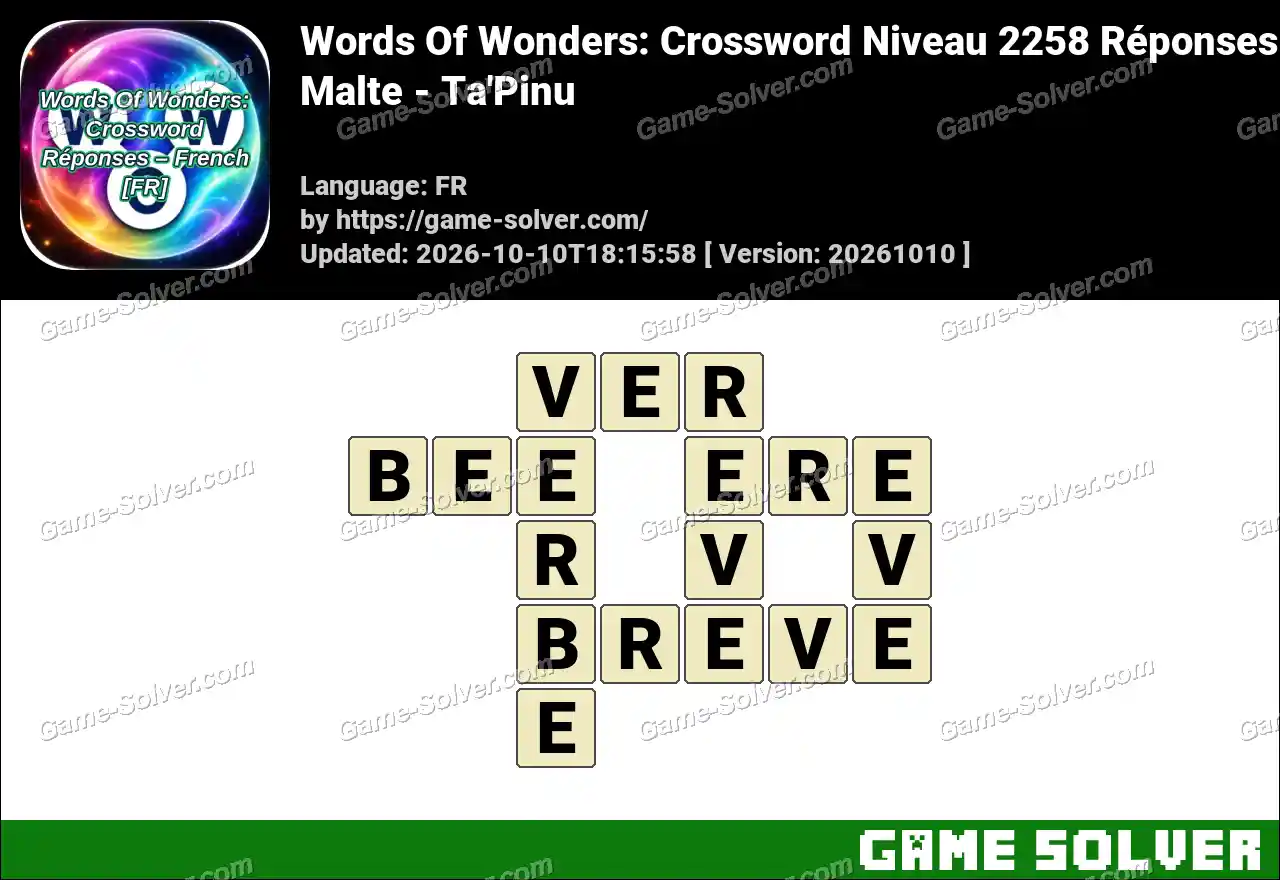 Words Of Wonders: Crossword Niveau 2258 Réponses – Malte – Ta’Pinu